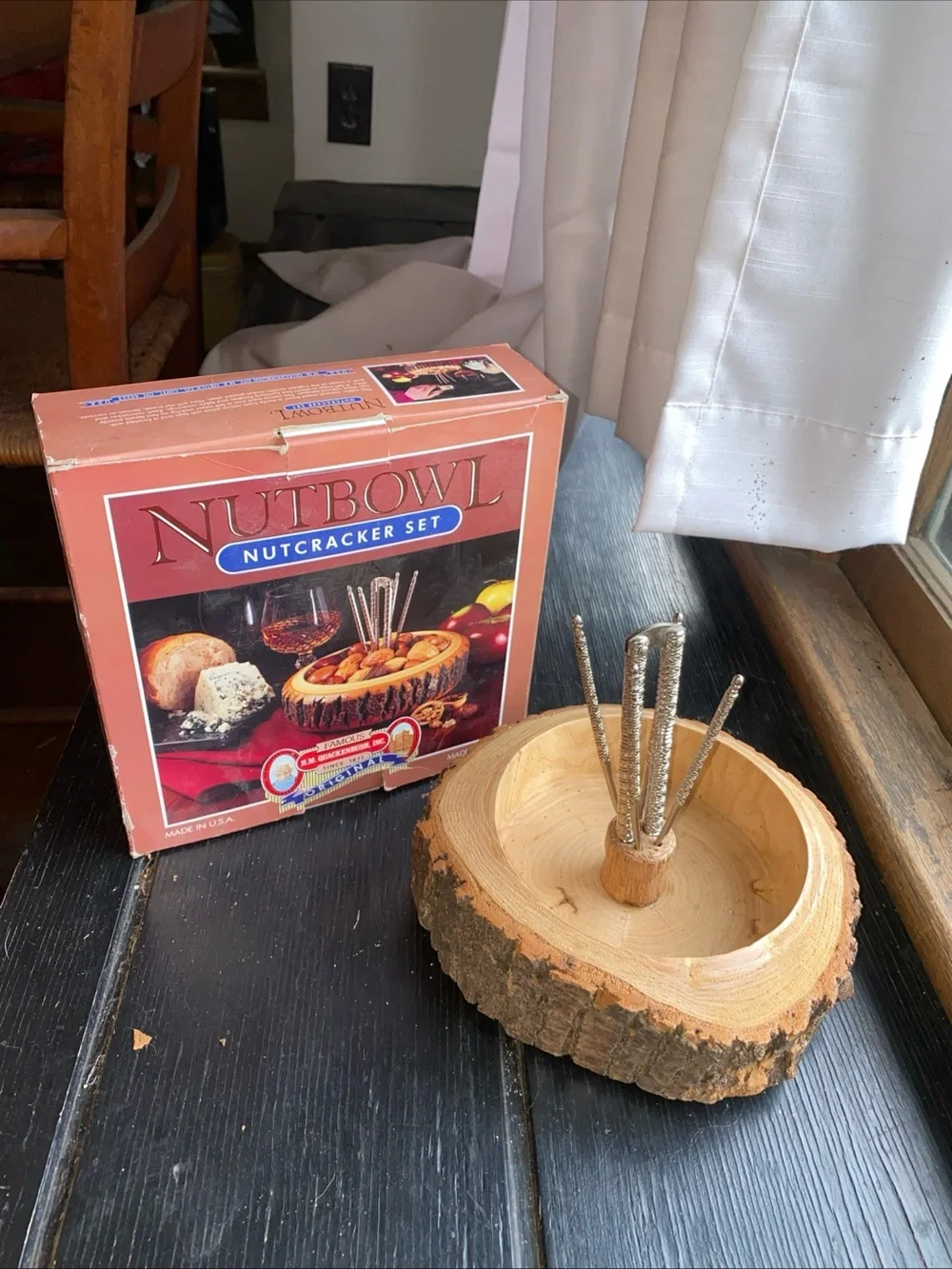 Nutcracker Set - Natural Wood Bowl with Silver Nutcrackers